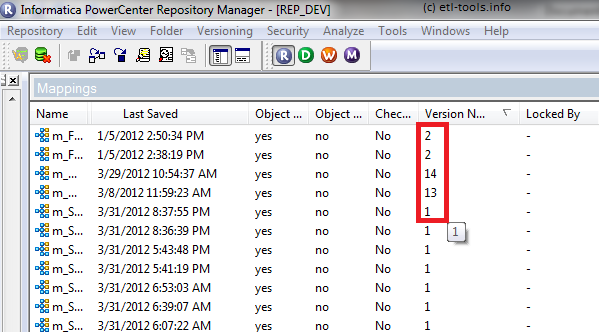 Informatica Repository Manager - wrongly sorted numbers
