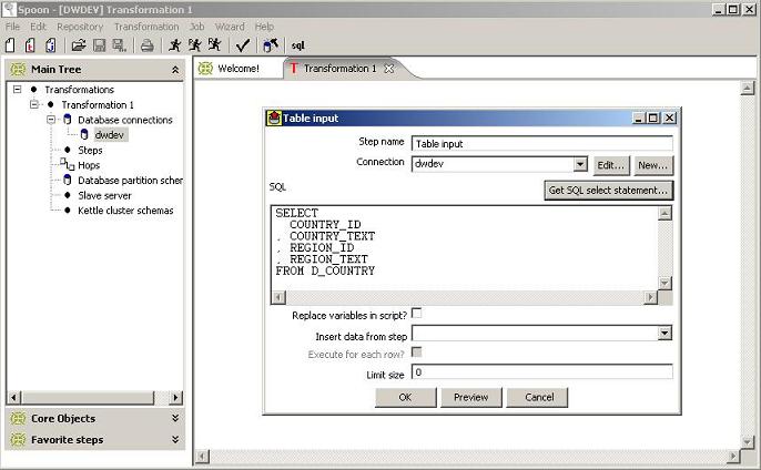 La table fuente Oracle en Spoon