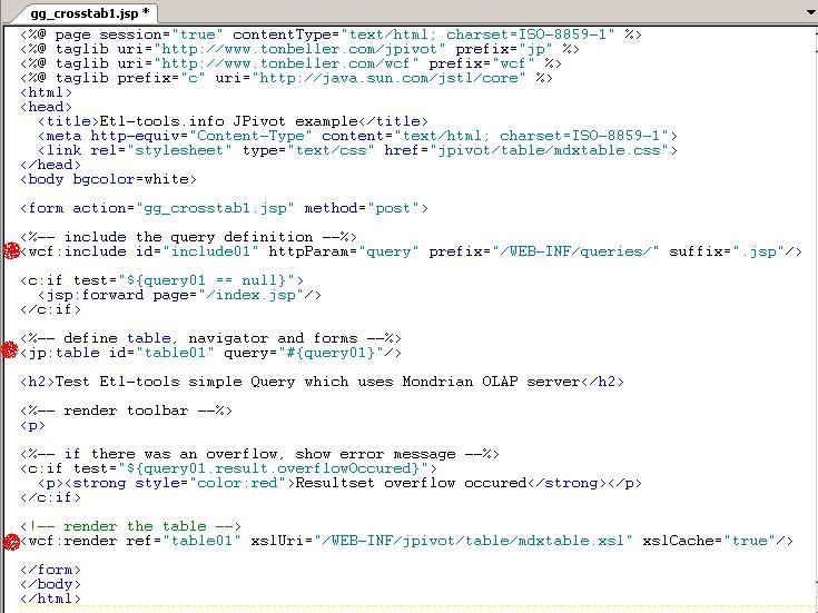 The code of the jsp file which will display the JPivot crosstab is shown below (most significant lines are marked red)